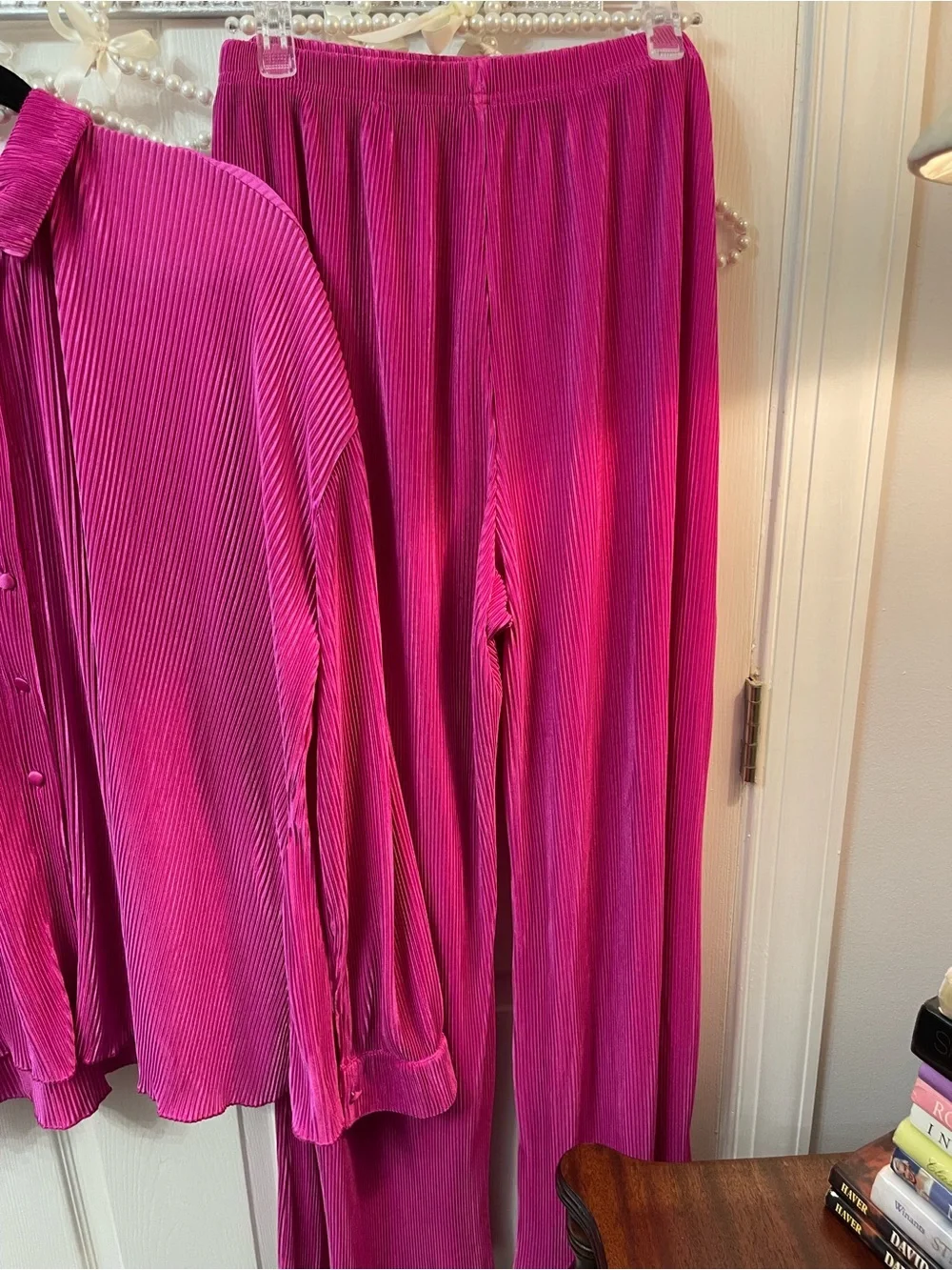 Women's Fuchsia Pleated Button-Up Top & Wide Leg Pants Set